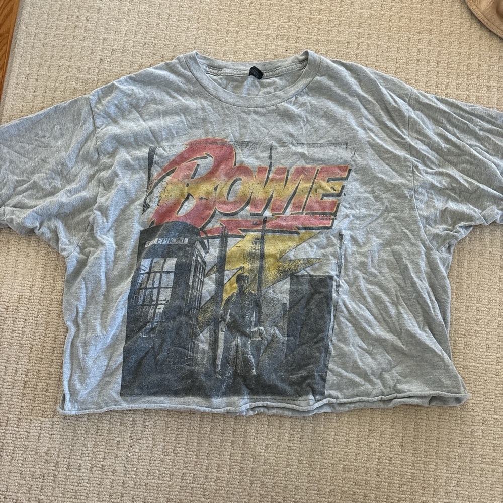 Gray David Bowie Cropped Graphic Tee